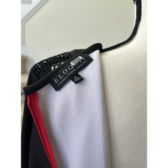 Eloquii Red Floral & Black Color Block Netting Sheath Dress - Picture 6 of 8